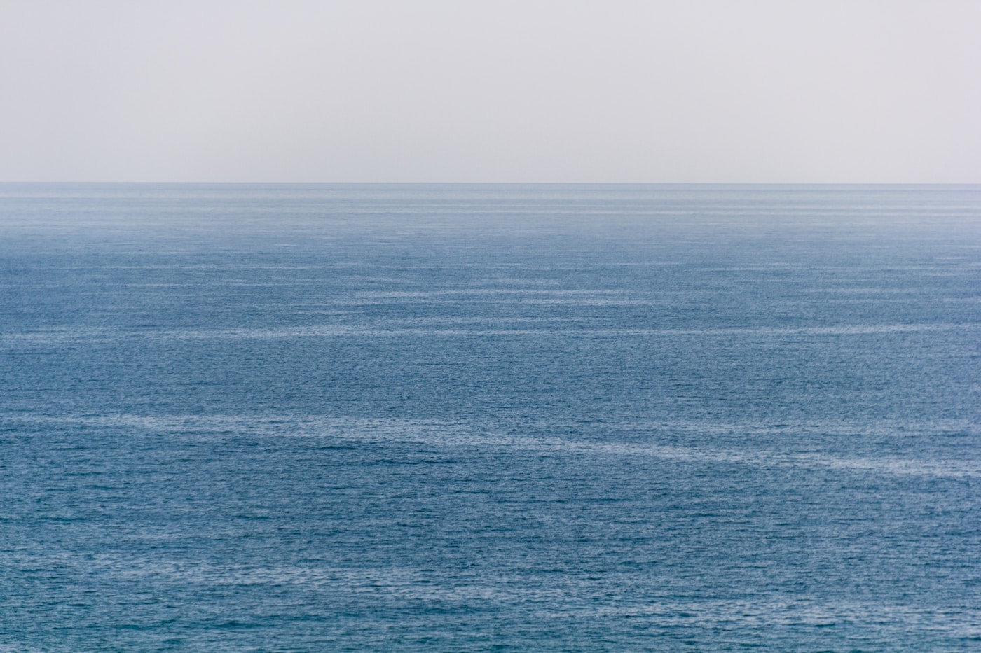 The calm open ocean stretching to a soft, pale horizon.